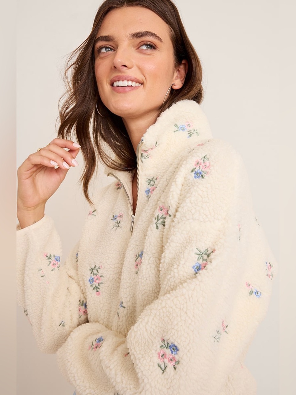 Francesca's Selena Floral Embroidered Sherpa Quarter Zip Pullover Cream Pink - Picture 3 of 6